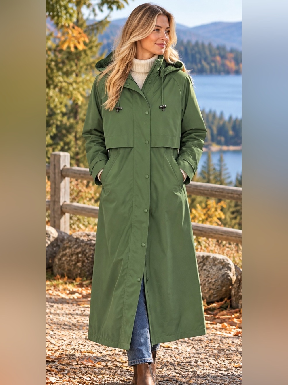 L.L.Bean Vintage M Olive Green Long Rain Coat Hooded Trench Duster Full Length